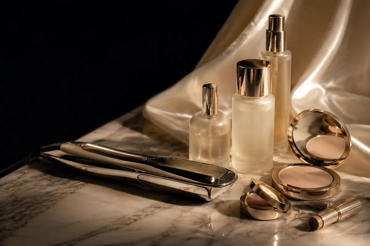 Luxury perfume bottles, a styling tool and makeup compacts on marble